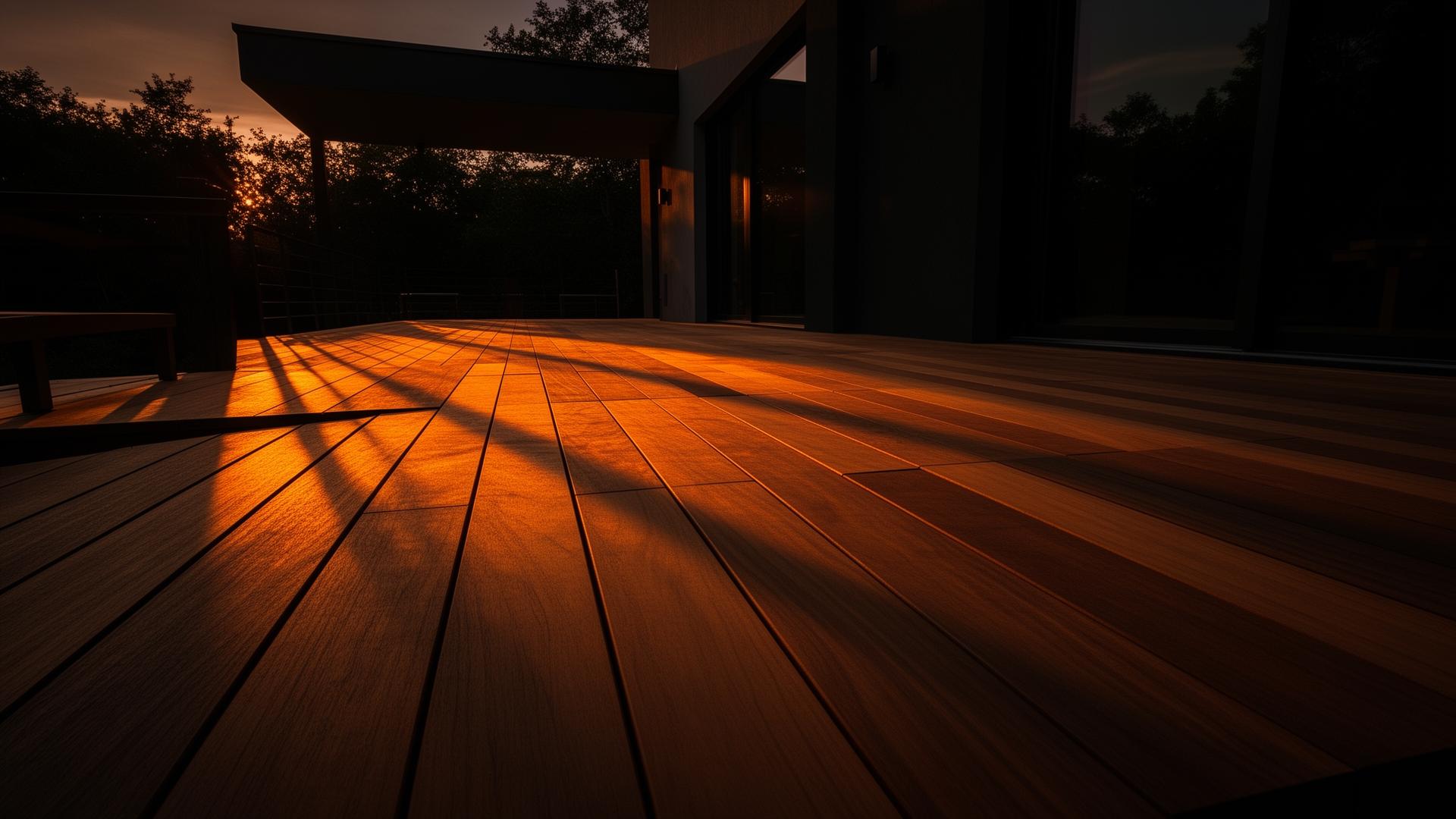 Modern wood deck at golden hour